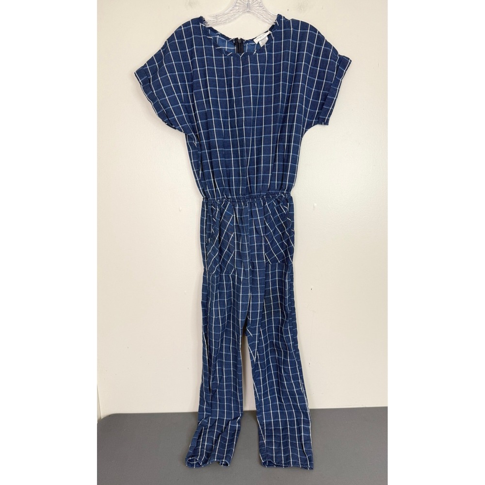Orange Creek Women's Plaid Short Sleeve Straight Leg Jumpsuit Blue Size Small